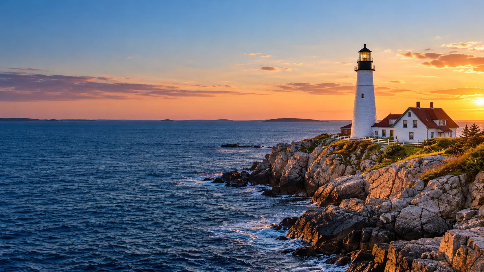 A white lighthouse above Maine-inspired rocky coastline at sunset